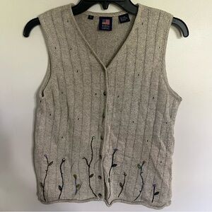 Vintage 90s Beige Linen Floral Cozy Cottagecore Knit‎ Grandma Sweater Vest Small